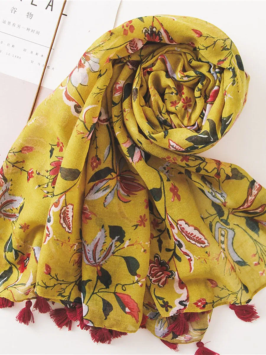 Spring Yellow Floral Print Sunscreen Scarf