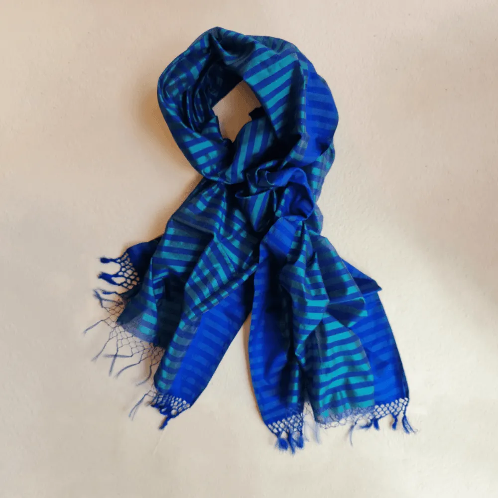 Striking Blue & Green Handwoven Silk-Cotton Scarf/ Stole