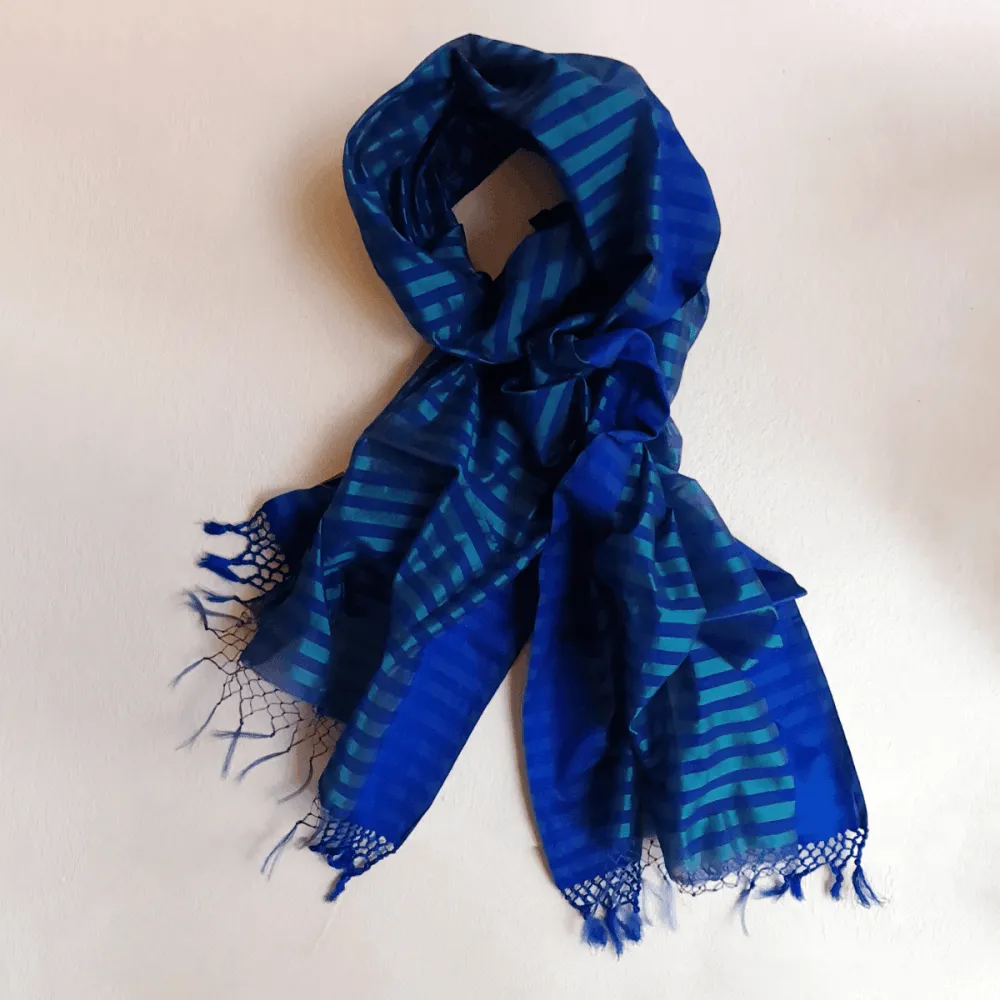 Striking Blue & Green Handwoven Silk-Cotton Scarf/ Stole