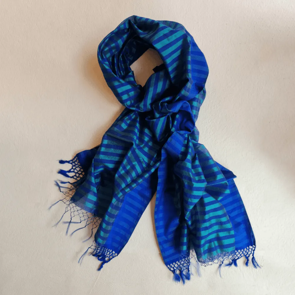 Striking Blue & Green Handwoven Silk-Cotton Scarf/ Stole