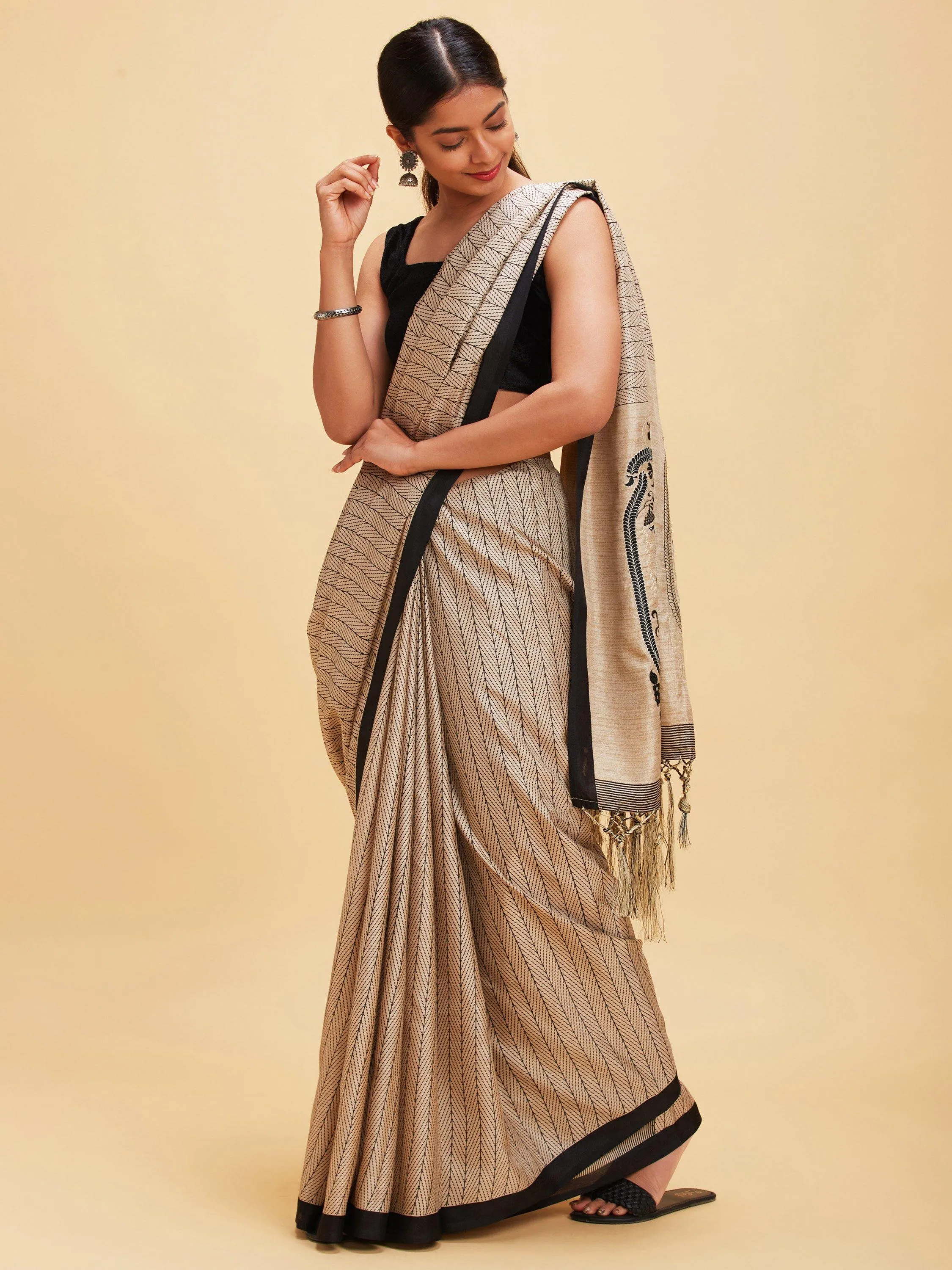 Striped off white silk saree