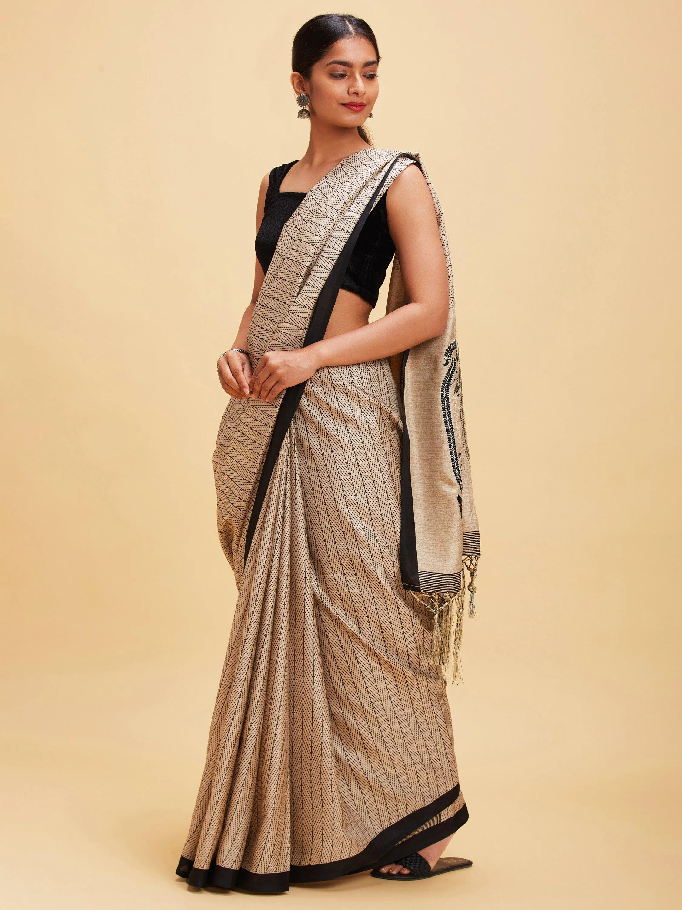 Striped off white silk saree