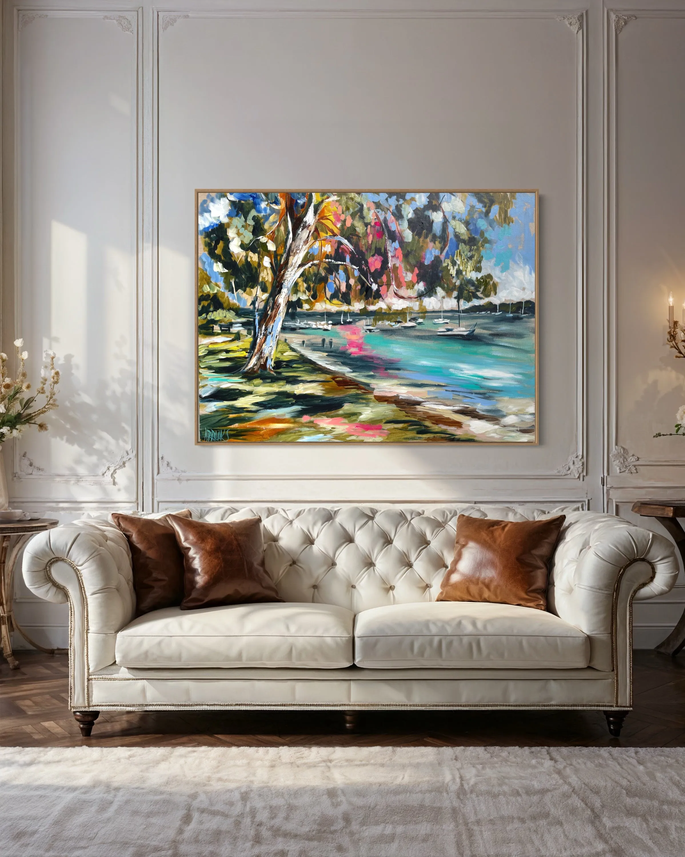 Sunday Strolls - Gympie Terrace - Noosa River -Original on Belgian linen  90x120  Cm