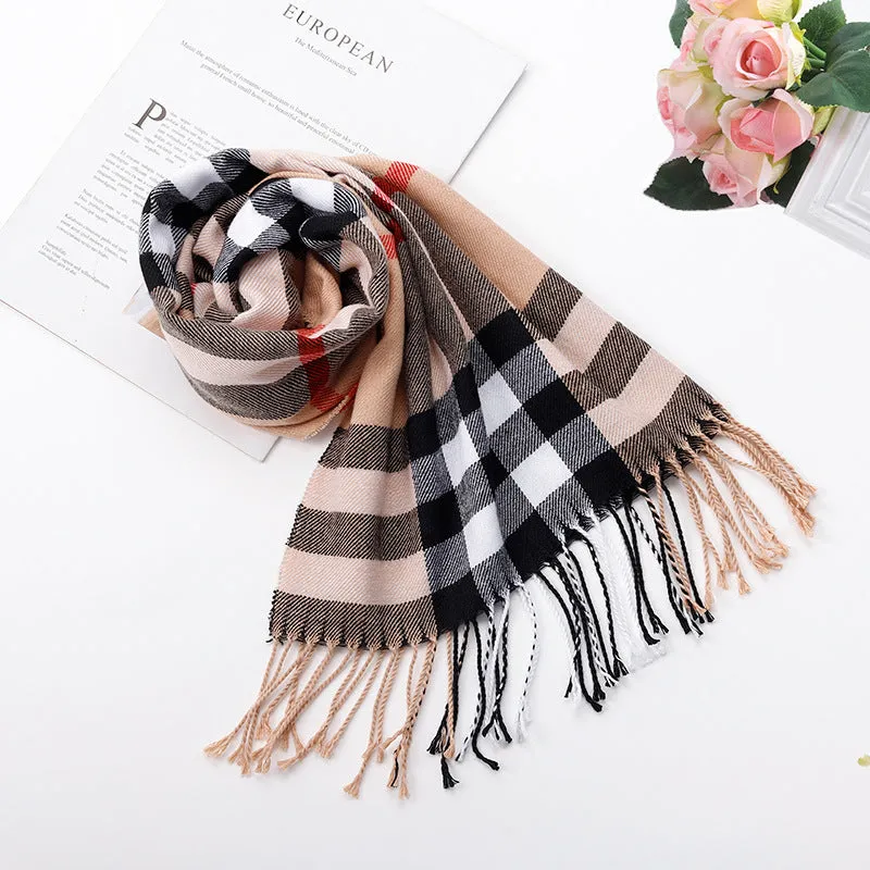 Tan, black and red check print scarf