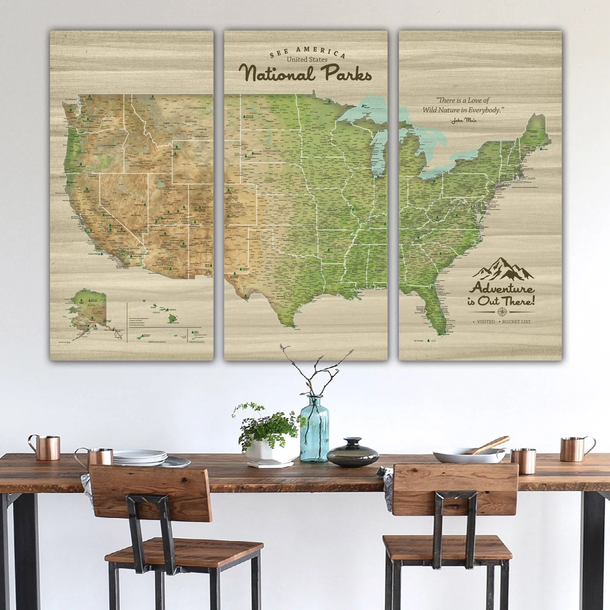 USA National Parks Push Pin Map - 3 Panel