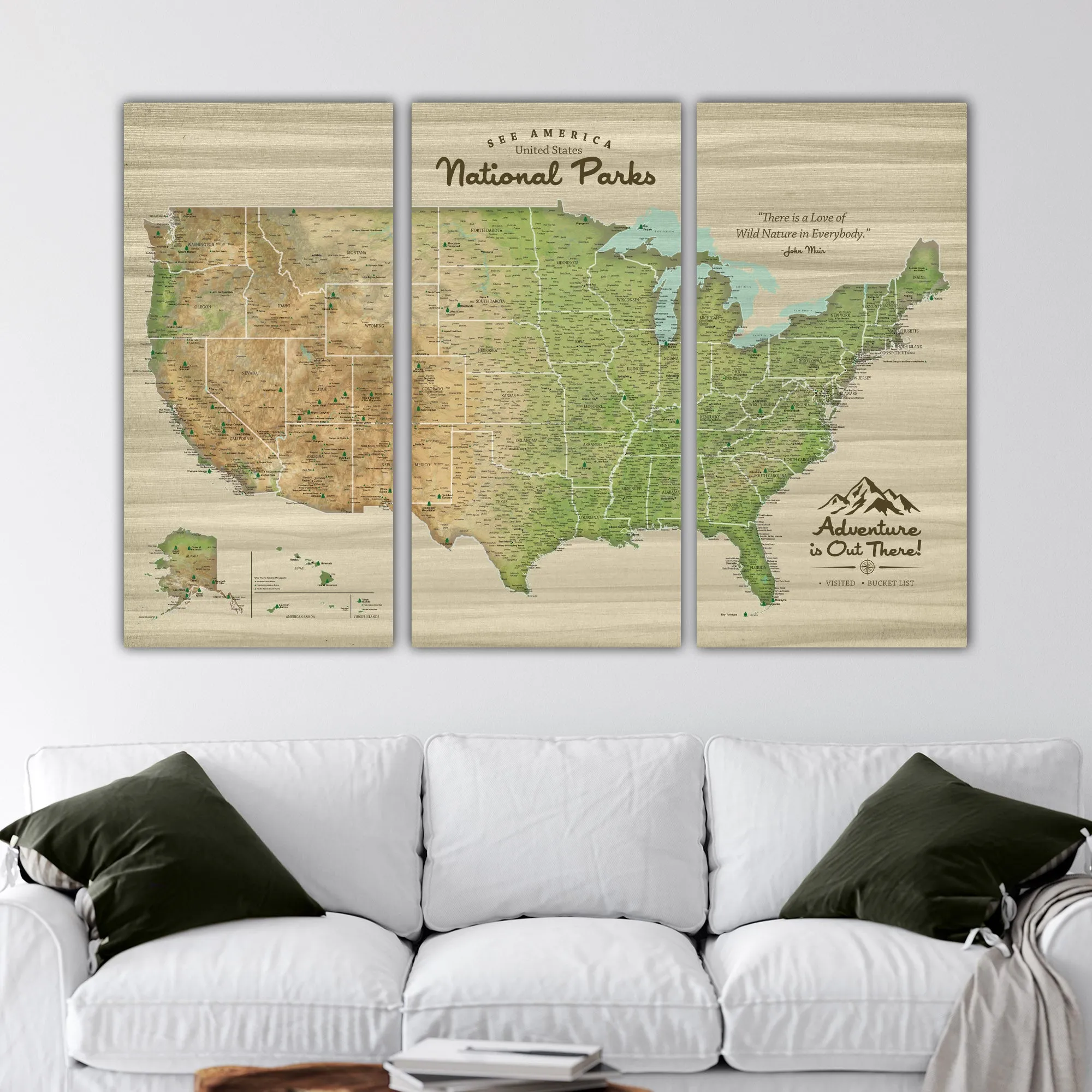 USA National Parks Push Pin Map - 3 Panel