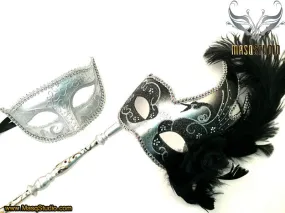 Venetian Couple Feather Masquerade Stick Mask Pair Silver Black