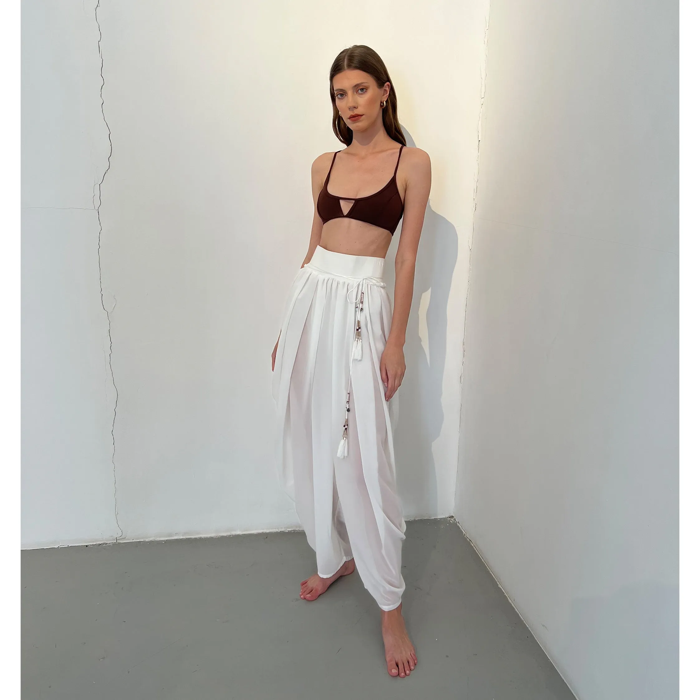 White Chiffon Sheer Draped Pant