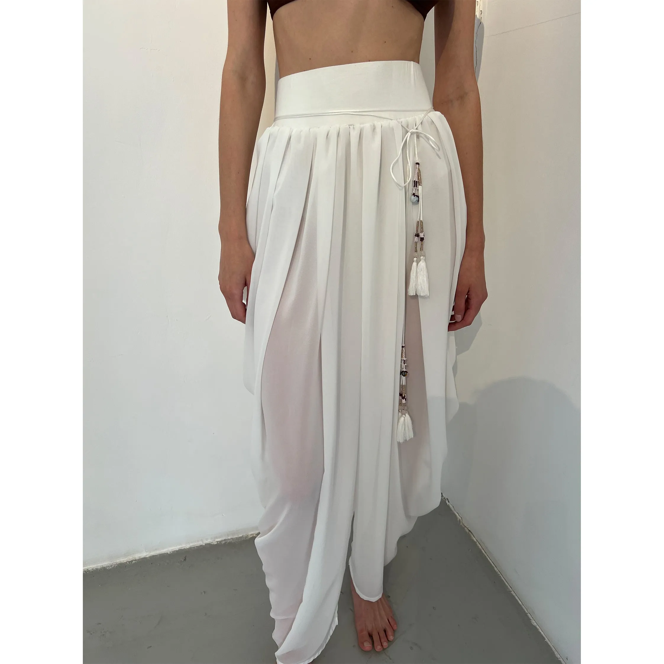 White Chiffon Sheer Draped Pant