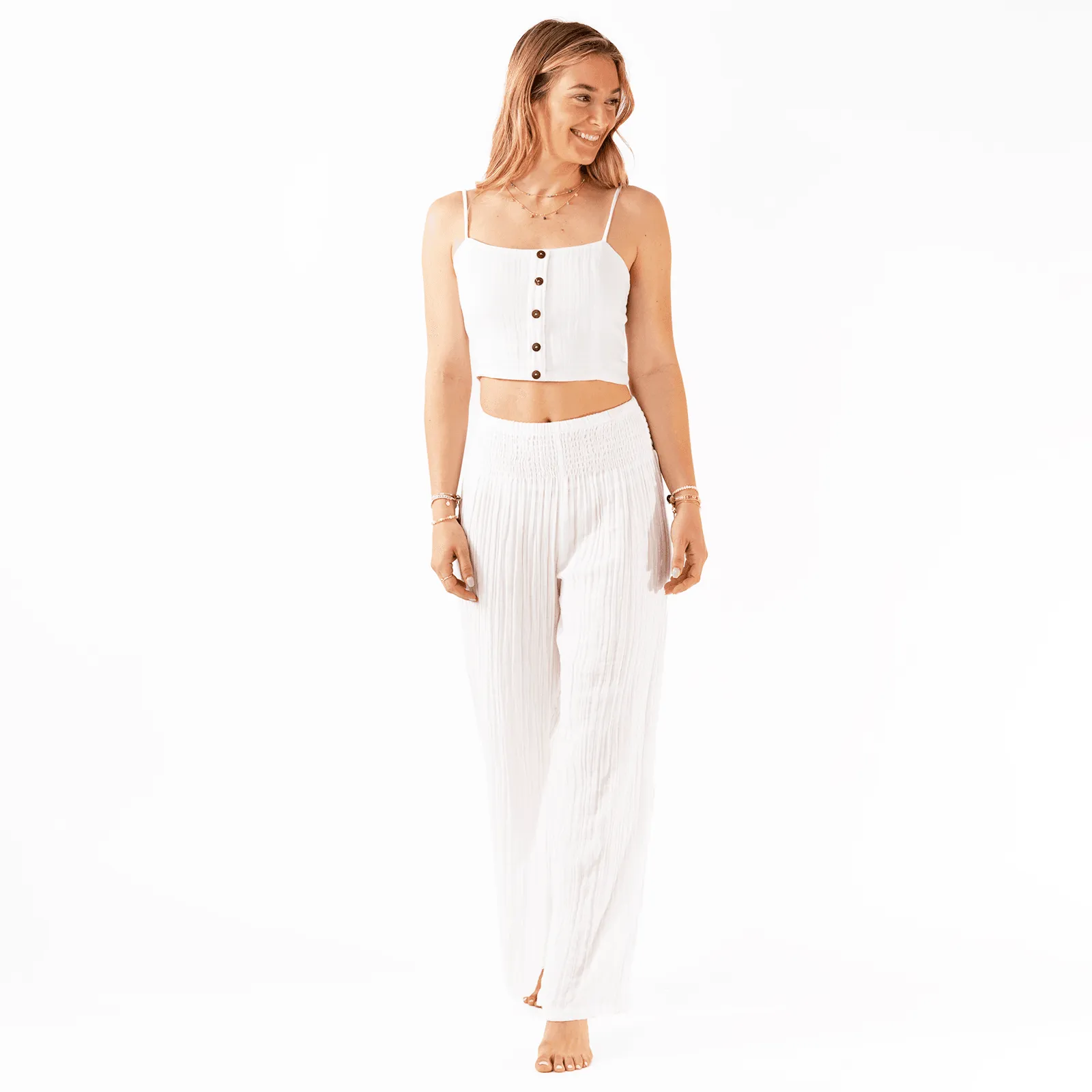 White Cotton Crop Top & Wide Leg Pants Lounge Set