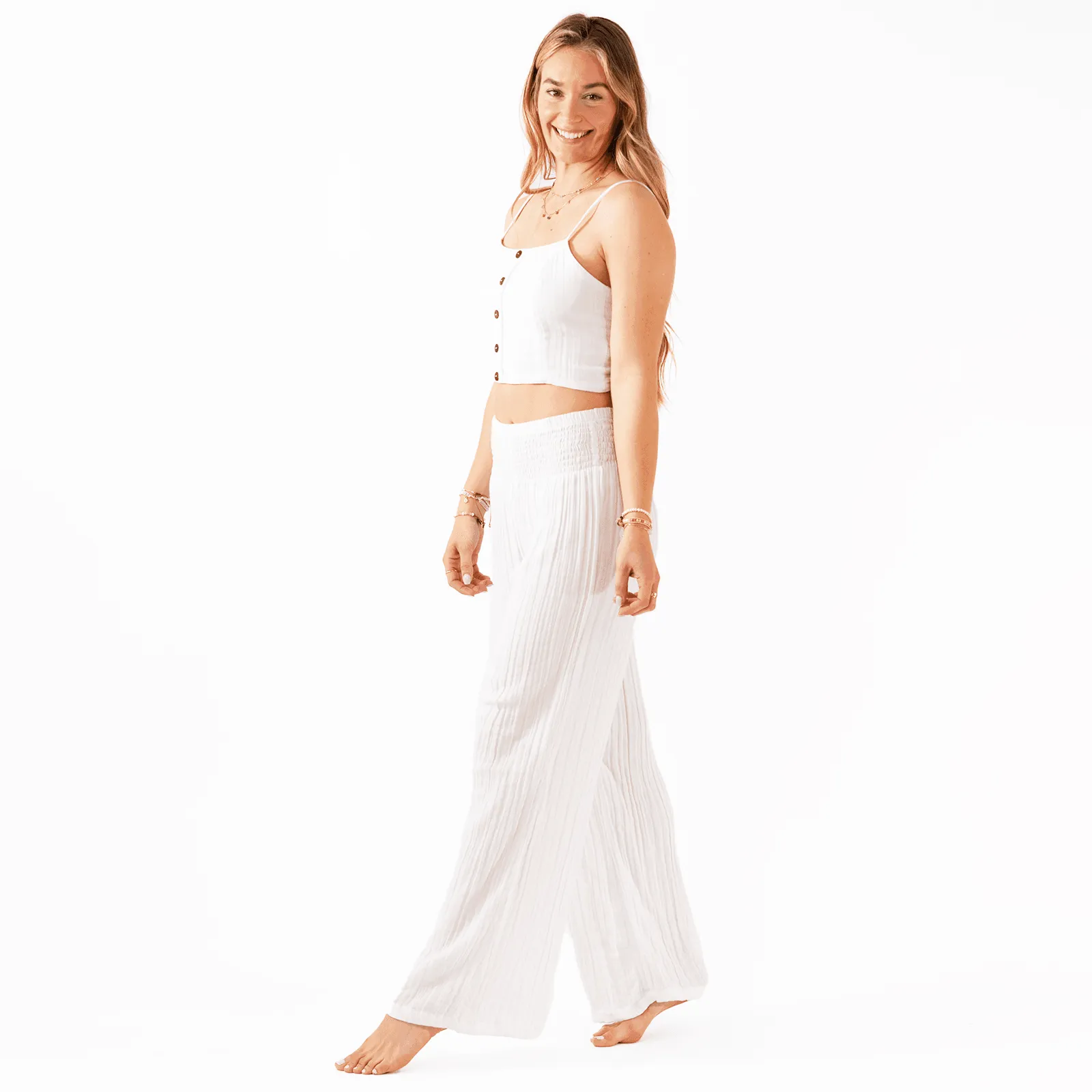 White Cotton Crop Top & Wide Leg Pants Lounge Set